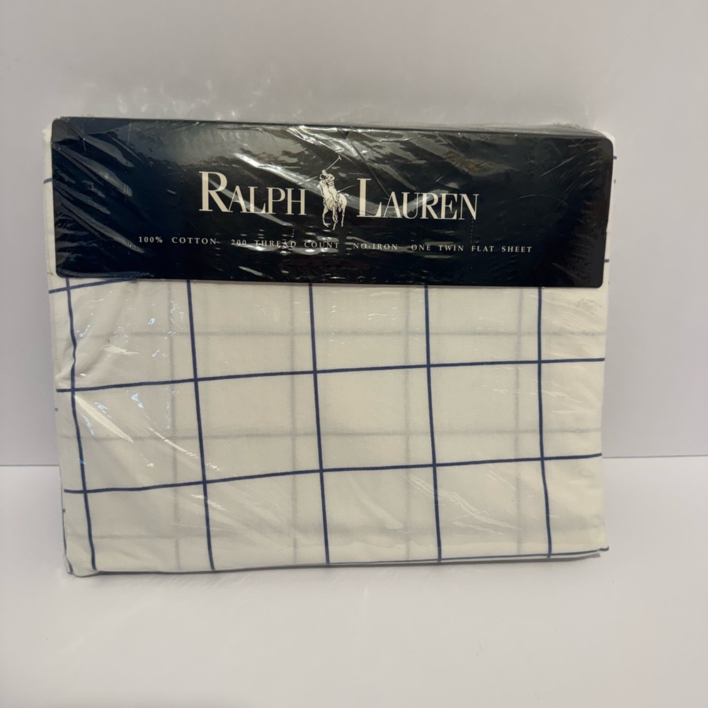 Ralph Lauren Twin Flat Sheet White Blue Striped 39 X 75 Twin Cotton No Iron NWT